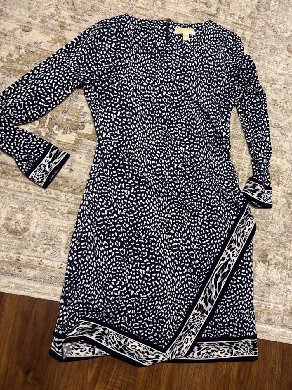 Michael Kors Navy and White Long Sleeve Wrap Dress with Border Print